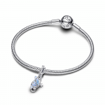 Winged key sterling silver dangle with clear cubic zirconia and shimmering blue enamel