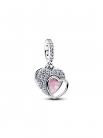 Heart sterling silver double dangle with clear cubic zirconia and pink mosaic lab-created opal and resin
