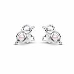 Infinity knot sterling silver stud earrings with pink lacquered artificial pearl and clear cubic zirconia