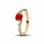 Disney Beauty and The Beast Rose 14k gold-plated ring with clear cubic zirconia and red Murano glass