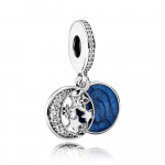 Moon and star silver dangle with clear cubic zirconia and blue enamel