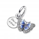 Butterfly sterling silver dangle with clear cubic zirconia, shaded blue and white enamel