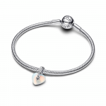 Heart sterling silver dangle with clear cubic zirconia and moonstone iridescent glass