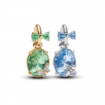 Bee and butterfly sterling silver and 14k gold-plated splittable dangle with clear cubic zirconia, green and blue crystal