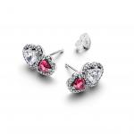 Hearts sterling silver stud earrings with cherries jubilee red crystal and clear cubic zirconia