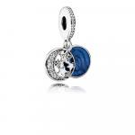 Moon and star silver dangle with clear cubic zirconia and blue enamel
