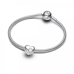 Engravable heart sterling silver charm with bioresin man-made mother of pearl
