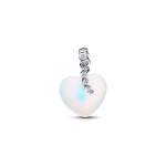 Heart sterling silver dangle with clear cubic zirconia and moonstone iridescent glass
