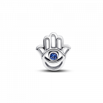 Hamsa hand sterling silver charm with stellar blue crystal
