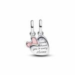 Mother and daughter hearts sterling silver splittable dangle with pink bioresin man-made mother of pearl