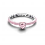 Heart sterling silver ring with orchid pink crystal and glittery pink enamel