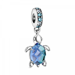 Sea turtle sterling silver dangle with icy green, bleached aqua blue crystal and peacock Murano glass