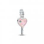 Heart key sterling silver dangle with clear cubic zirconia and lab-created pink opal