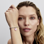 Heart padlock sterling silver dangle with pink ceramic and clear cubic zirconia