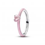 Heart sterling silver ring with orchid pink crystal and glittery pink enamel
