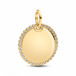 Engravable round 14k gold-plated pendant with clear cubic zirconia