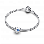 Engravable heart sterling silver charm with princess blue crystal