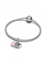 Heart sterling silver double dangle with clear cubic zirconia and pink mosaic lab-created opal and resin