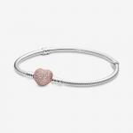 Snake chain silver bracelet with 14k rose gold-plated heart clasp and clear cubic zirconia