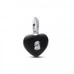 Heart padlock sterling silver dangle with black ceramic and clear cubic zirconia