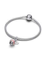 Openable flower sterling silver and 14k gold-plated dangle with royal green crystal and glittery shaded pink UV resin