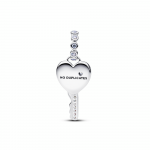 Heart key sterling silver dangle with clear cubic zirconia and lab-created pink opal