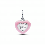 Heart padlock sterling silver dangle with pink ceramic and clear cubic zirconia