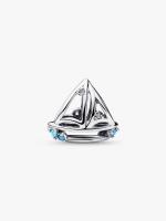 Sailboat sterling silver charm with clear cubic zirconia and capri blue crystal