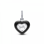 Heart padlock sterling silver dangle with black ceramic and clear cubic zirconia