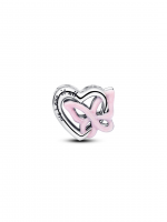 Heart and butterfly sterling silver charm with glittery pink enamel