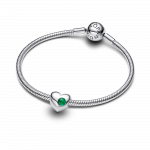 Engravable heart sterling silver charm with royal green crystal