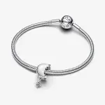 Moon and star sterling silver charm with white bioresin mother of pearl and clear cubic zirconia