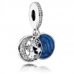 Moon and star silver dangle with clear cubic zirconia and blue enamel