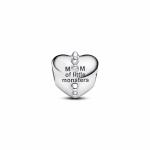 Mum of monsters heart sterling silver charm with black crystal and clear cubic zirconia