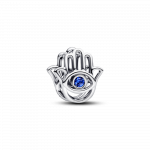 Hamsa hand sterling silver charm with stellar blue crystal