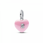Heart padlock sterling silver dangle with pink ceramic and clear cubic zirconia