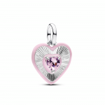 Heart sterling silver medallion with orchid pink crystal and pink enamel