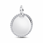 Engravable round sterling silver pendant with clear cubic zirconia