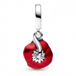 Flower sterling silver dangle with black crystal and red enamel