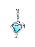 Dolphins sterling silver dangle with aqua blue Murano glass and icy blue crystal