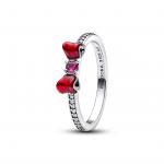 Disney Snow White bow sterling silver ring with fuchsia rose crystal, clear cubic zirconia and red enamel