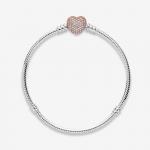 Snake chain silver bracelet with 14k rose gold-plated heart clasp and clear cubic zirconia