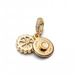 Happy Bday 14k gold-plated dangle with white bioresin man-made mother of pearl and clear cubic zirconia
