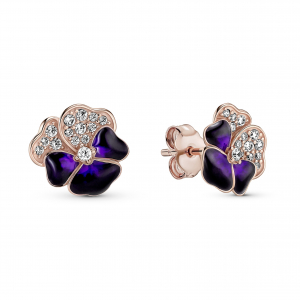 Pansy 14k rose gold-plated stud earrings with clear cubic zirconia and shaded blue and violet enamel