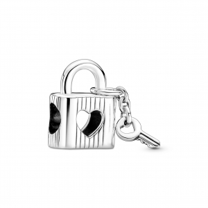 Love padlock and key sterling silver charm with black enamel