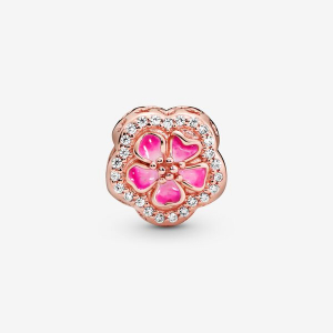 Flower Pandora Rose charm with clear cubic zirconia and pink enamel