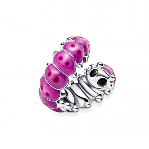 Caterpillar sterling silver charm with black crystal, pink and dark pink enamel