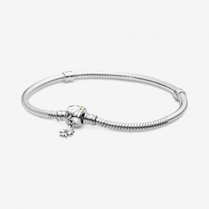 Snake chain sterling silver bracelet and daisy clasp with yellow crystal, clear cubic zirconia and white enamel