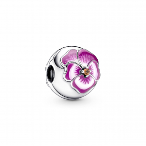 Pansy sterling silver clip with burnt orange crystal, shaded pink and white enamel