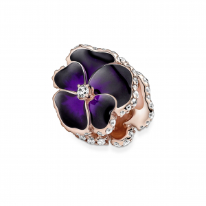 Pansy 14k rose gold-plated charm with clear cubic zirconia, shaded blue and violet enamel